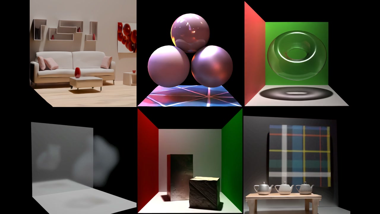 Publication teaser for RenderFormer-V2: Neural Rendering with Heterogeneous Scene Primitives